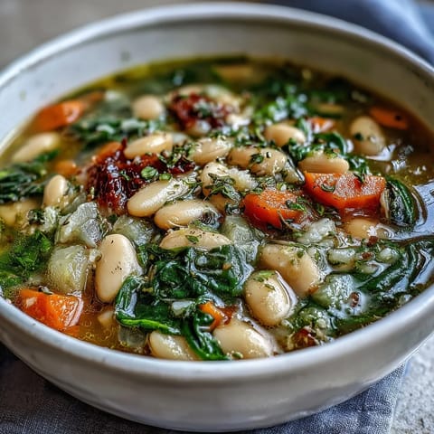 A comforting bowl of Tuscan White Bean and Spinach Soup, brimming with tender vegetables and creamy cannellini beans, simmered in a fragrant herb broth.