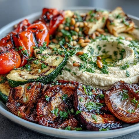 Grilled Veggie Platter with Hummus features colorful vegetables charred to perfection alongside creamy, homemade hummus.  