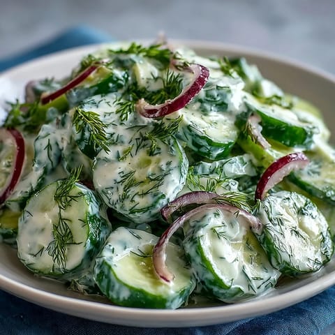 Creamy Cucumber Dill Salad with fresh dill and tangy dressing in a white bowl