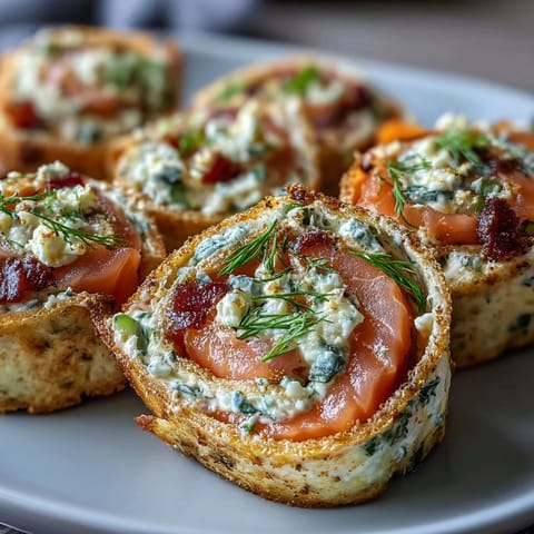 Smoked salmon and cucumber cream cheese pinwheels rolled in soft tortillas, garnished with fresh dill for a party appetizer.  