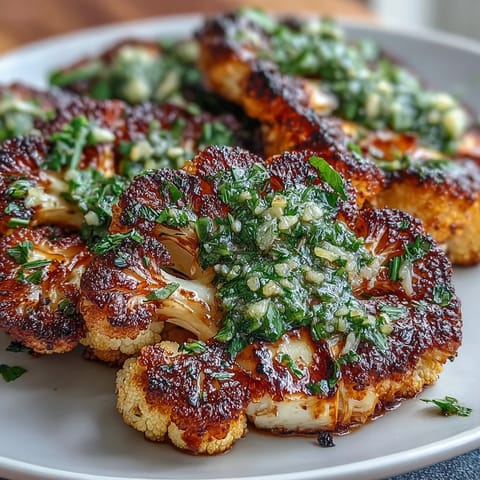 Charred cauliflower steaks topped with fresh herb chimichurri, perfect for plant-based grilling and summer cookouts.