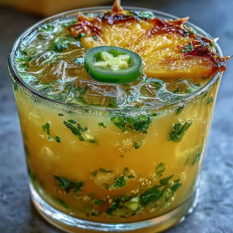 Vibrant Pineapple Jalapeño Agua Fresca in a clear pitcher, garnished with fresh pineapple wedges and jalapeño slices.