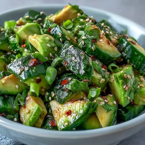 A vibrant bowl of smashed cucumber and avocado salad with sesame seeds, drizzled with sesame oil and rice vinegar dressing.