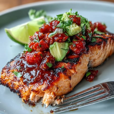 Grilled salmon with strawberry avocado salsa served on a white plate, featuring bright red strawberries and creamy avocado chunks atop perfectly seared fish.