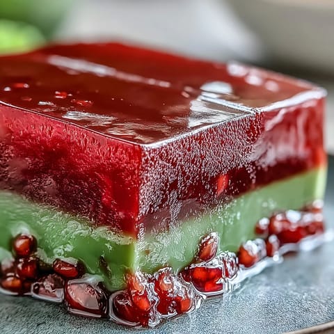 A slice of yokan Japanese red bean jelly with a vibrant green matcha layer, served on a minimalist plate for an elegant dessert presentation.