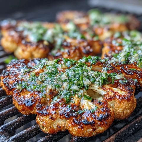 Smoky grilled cauliflower steaks drizzled with vibrant chimichurri sauce, a vegan main dish packed with flavor.