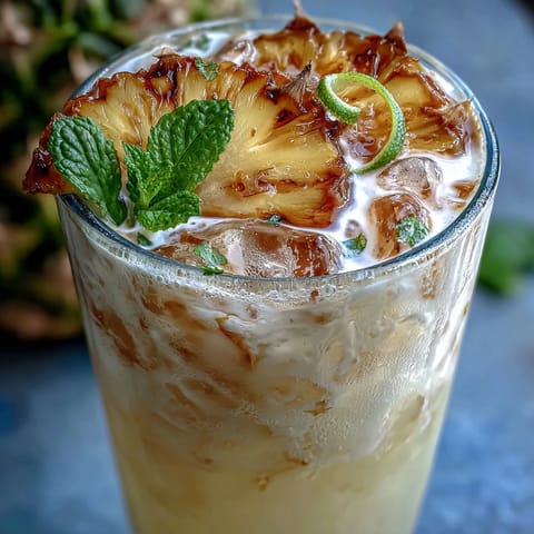 Refreshing Pineapple Coconut Agua Fresca with lime slices and mint garnish.