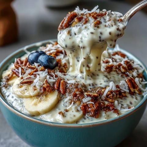 Creamy high fiber smoothie bowl topped lushly with fruit and crunchy seeds.