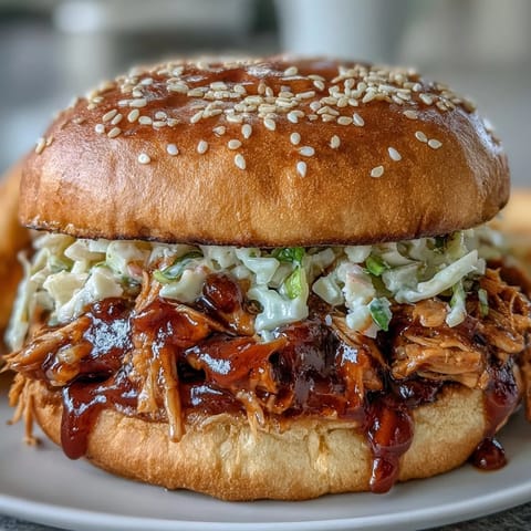 Generous BBQ Pulled Jackfruit Sandwiches piled high with creamy coleslaw.