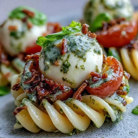 Fresh Caprese Pasta Salad glistening with basil pesto, perfect for summer lunch.