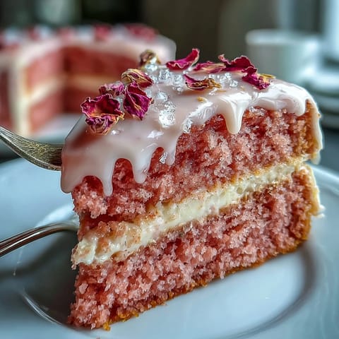 Elegant pink velvet cake with rosé wine flavor and decadent gold drip ready for celebration.