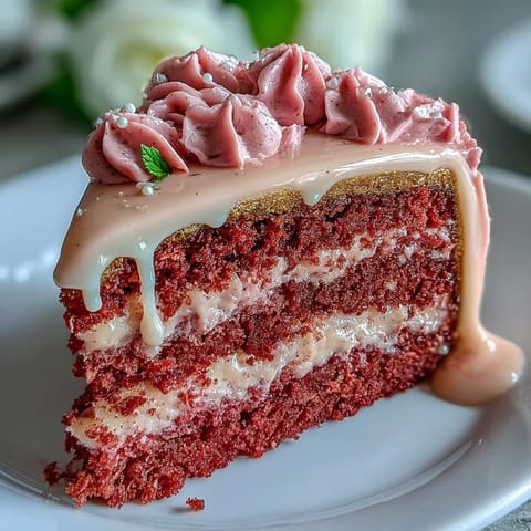 Ethereal Bridal Shower Rosé Velvet Cake with shimmering gold drip cascading.