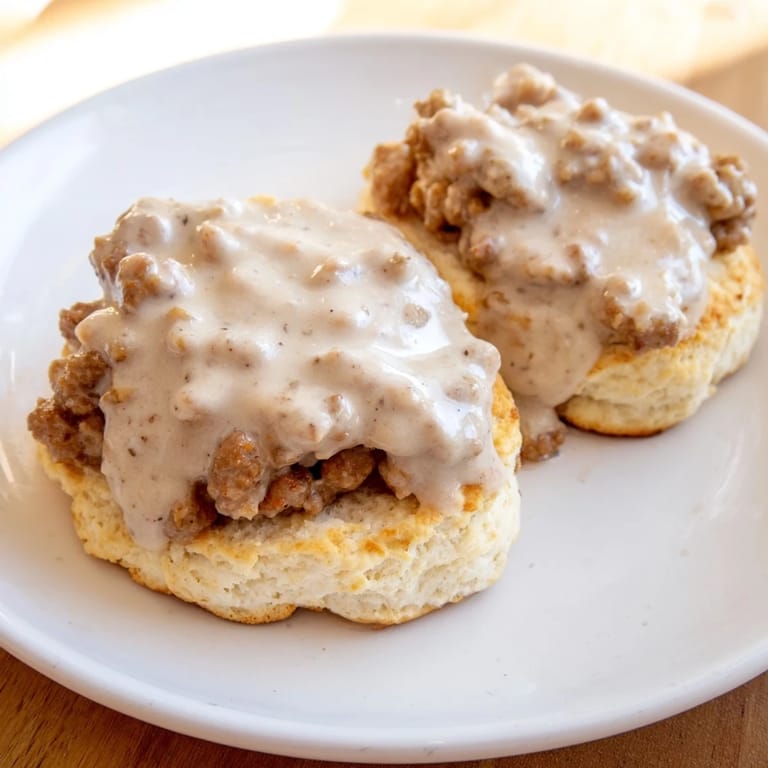 A close-up of golden-brown biscuits and gravy, with a generous helping of sausage atop.