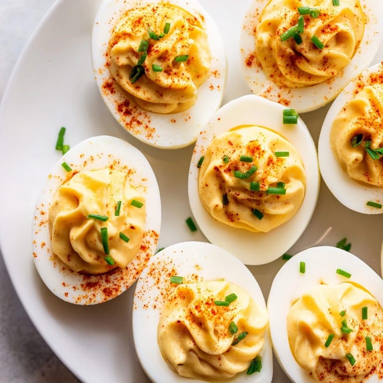 Close-up of golden deviled eggs, showcasing tangy yolk filling and fresh herb garnish.