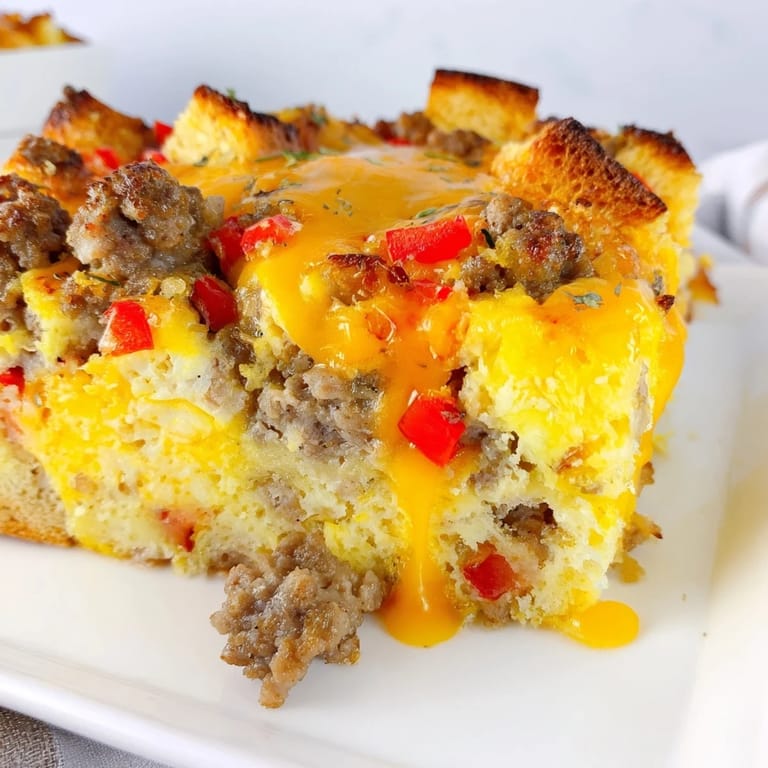 Golden-brown Breakfast Sausage Casserole, with visible sausage crumbles and melted cheese, a comforting breakfast.