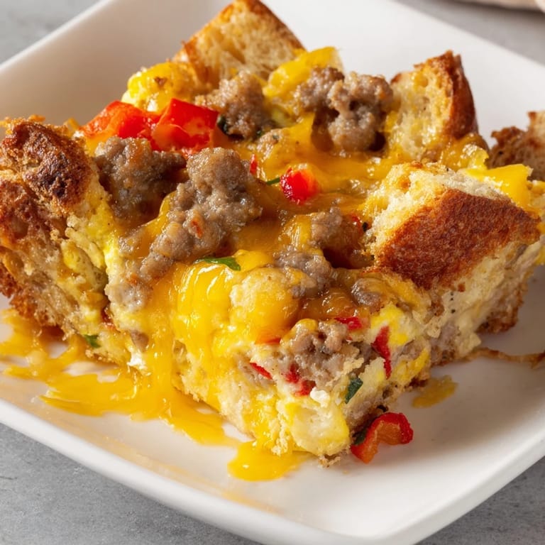 A close-up shot of a hearty Breakfast Sausage Casserole, showcasing layers of sausage and cheesy goodness.