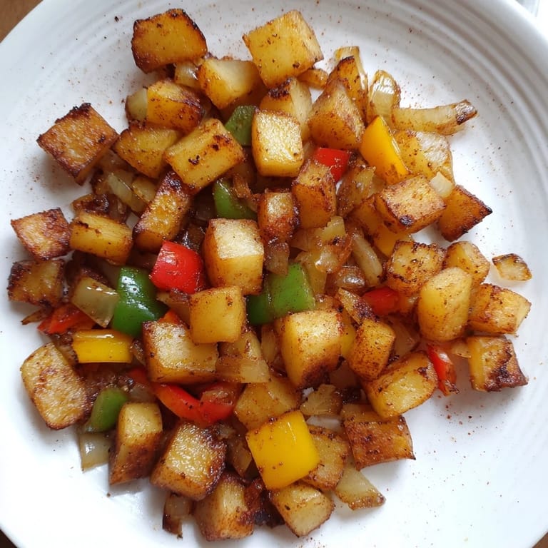 A close-up of sizzling home fries, showing browned potatoes and colorful bell peppers.