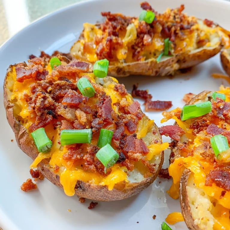 Savory potato skins, crispy from baking, overflowing with bacon, cheese, and a dollop of cool sour cream.