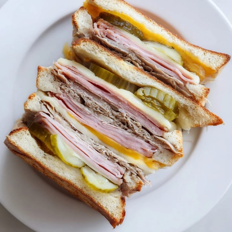 Grilled Cuban Sandwich with crispy bread and delicious layers of pork, ham, and pickles, ready to eat.