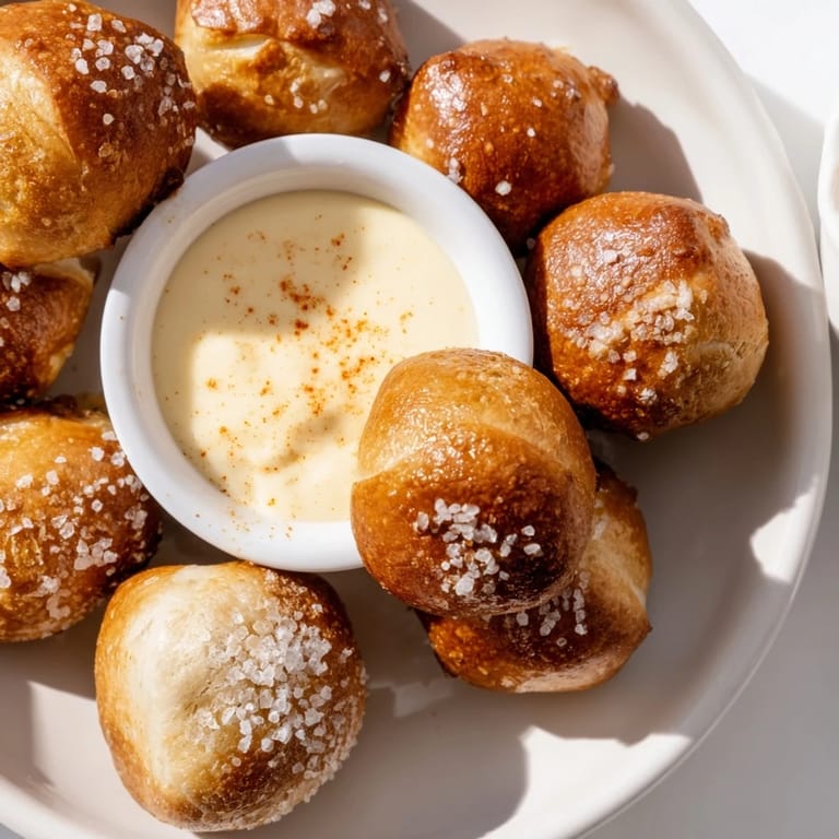 A close-up reveals perfectly baked pretzel bites alongside a vibrant, cheesy dip for sharing.