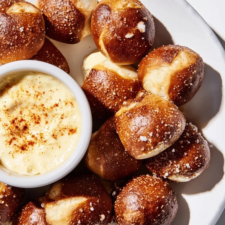 Warm pretzel bites, with a sprinkle of salt, eagerly await being dunked into the rich cheese dip.