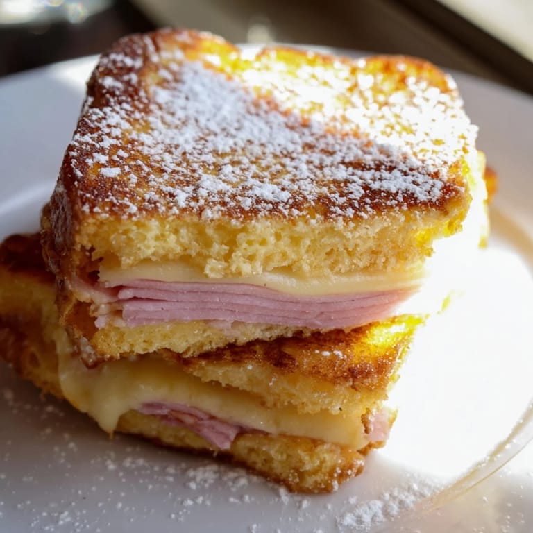 Savory and sweet Monte Cristo sandwich, oozing melted cheese, ready to be served with preserves.
