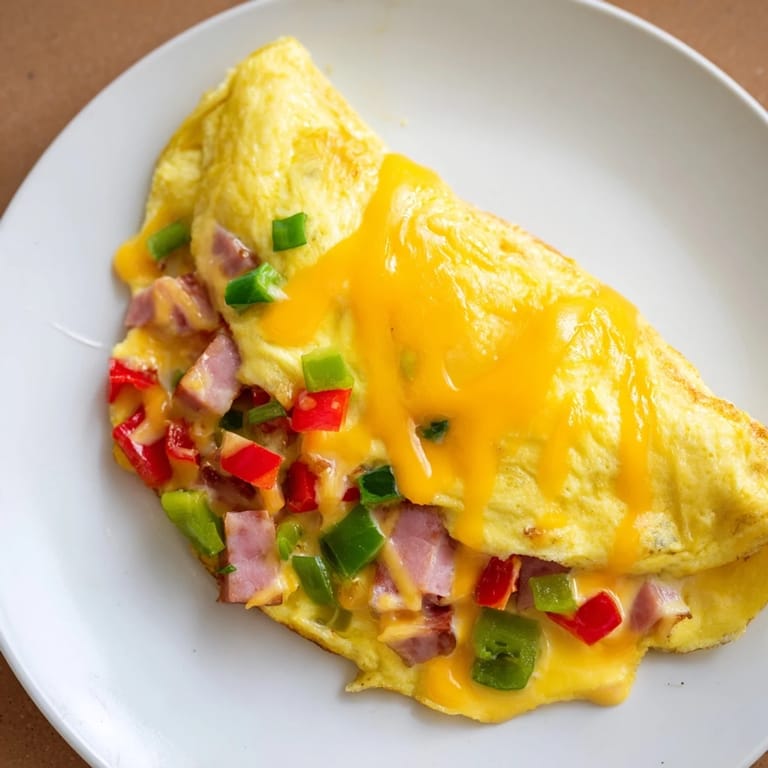 Close-up of a delicious Denver Omelet, showing the savory ham and pepper filling within its cooked egg shell.