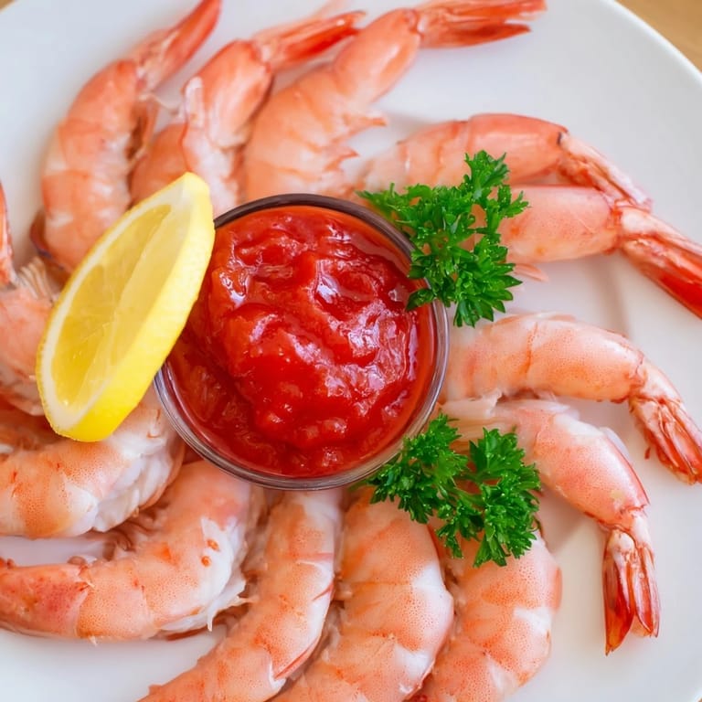 Chilled shrimp cocktail beautifully arranged with lemon wedges, ready to dip in zingy cocktail sauce.