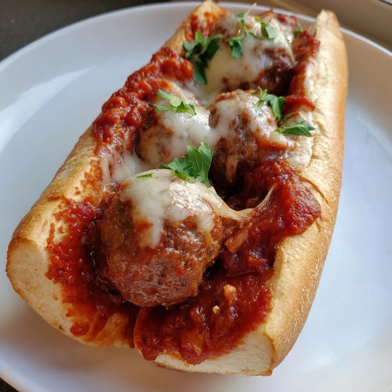 Close-up of a warm meatball sub, overflowing with savory sauce and cheesy goodness.