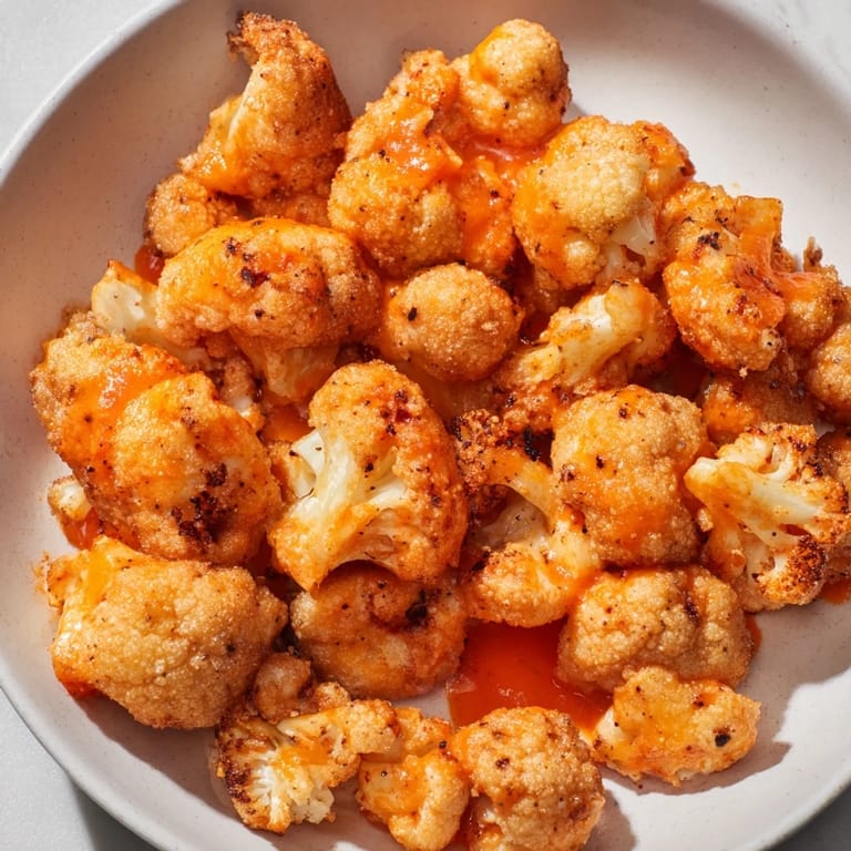 A close-up shot of baked Buffalo Cauliflower Wings, perfect for a game day appetizer, with celery sticks.