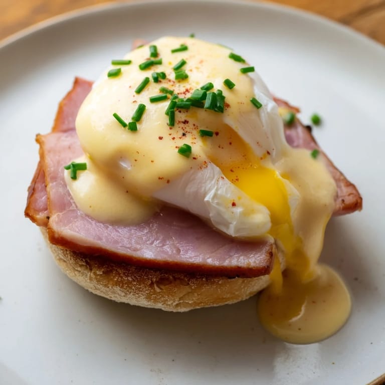 A plate of Eggs Benedict, the savory Canadian bacon beneath runny yolks and creamy hollandaise sauce.