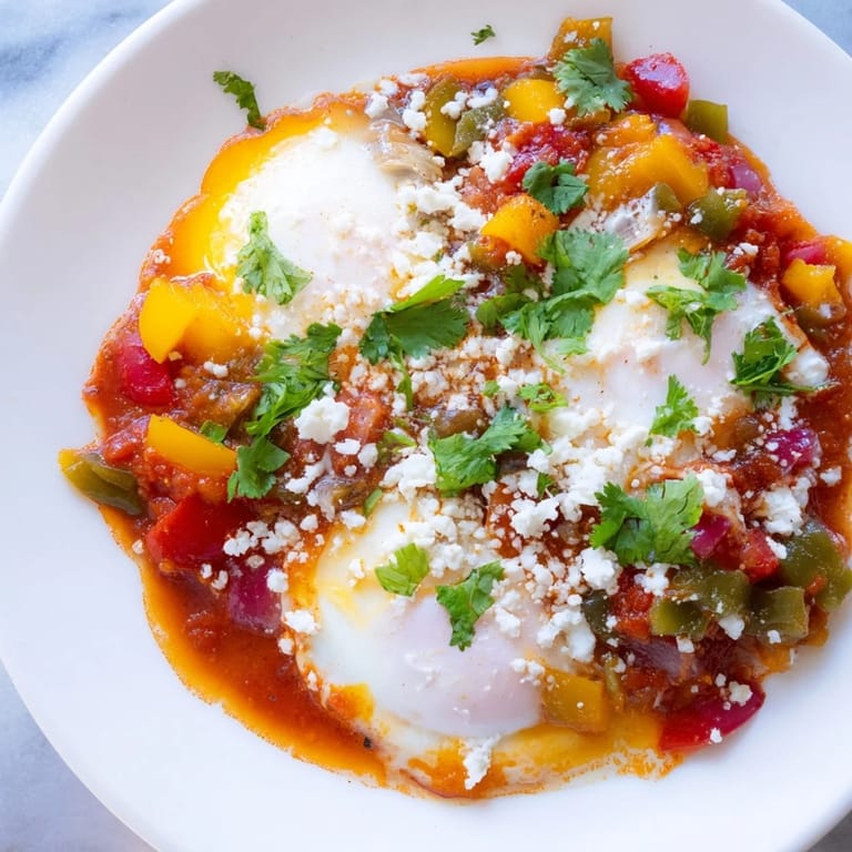 Delicious Shakshuka: A colorful skillet of eggs cooked in a spicy tomato and pepper mixture, ready to eat.