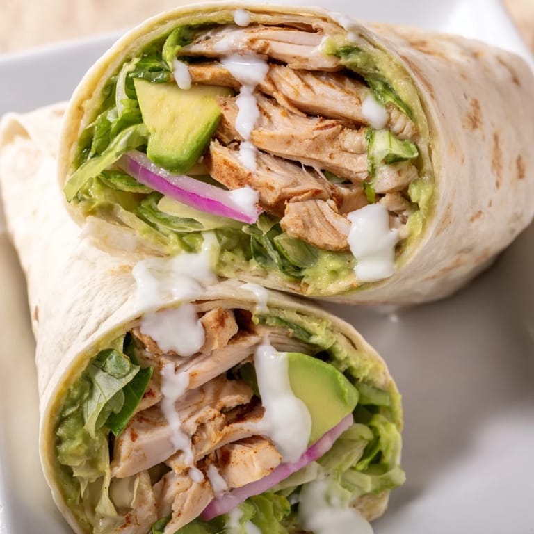 Close-up photo of Smoky Chipotle Chicken Wrap plated beside lime wedges and cilantro, highlighting charred chicken strips wrapped with crunchy lettuce and creamy avocado.