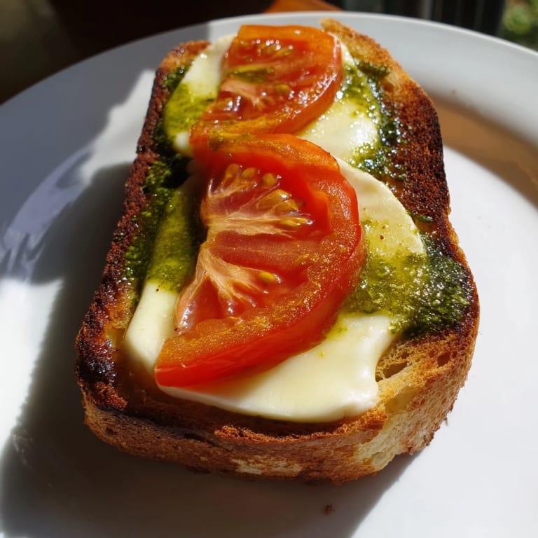 A close-up of the warm Caprese Pesto Grilled Cheese shows melted cheese pulling away from the crusty bread, with fresh basil pesto spread inside.