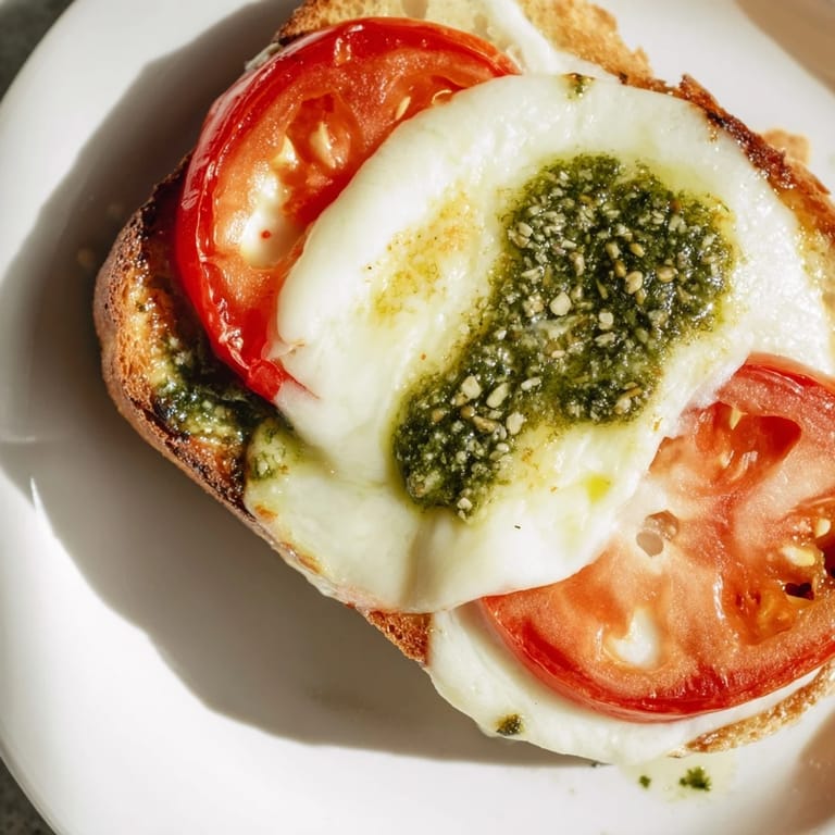 This Caprese Pesto Grilled Cheese features melted mozzarella and bright tomato slices oozing from buttery, golden-brown sourdough bread on a rustic cutting board.
