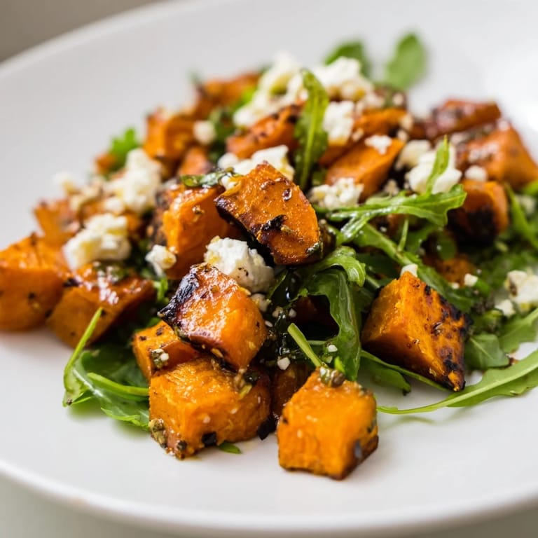 A hearty bowl of Roasted Sweet Potato Salad showcases caramelized sweet potatoes on arugula, ready to serve for lunch.