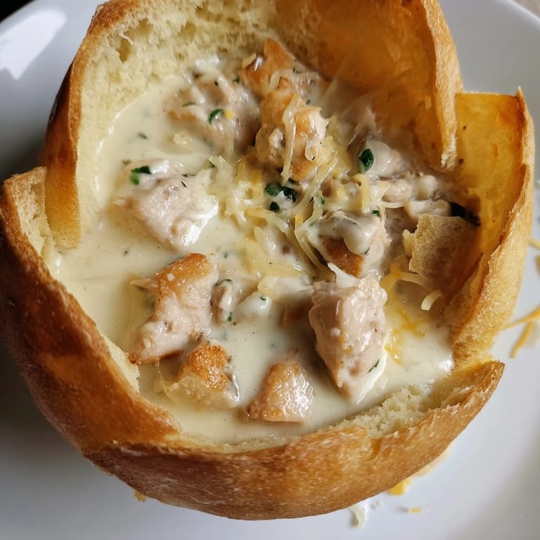 The rich, cheesy Chicken Alfredo filling bubbles inside a toasted crusty bread bowl, garnished with fresh parsley.