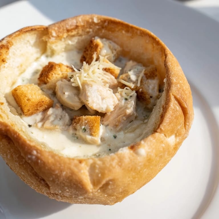 A hearty Chicken Alfredo bread bowl fresh from the oven, featuring creamy sauce and golden, baked Parmesan cheese.