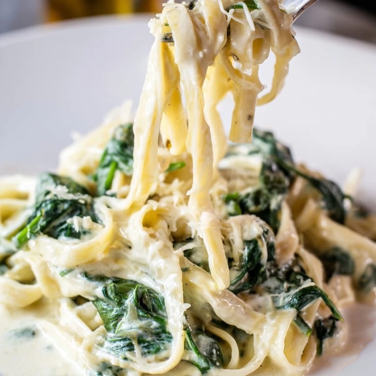 Comforting Creamy Garlic Spinach Pasta with tender greens and garlic, paired with a glass of white wine for a weeknight meal.