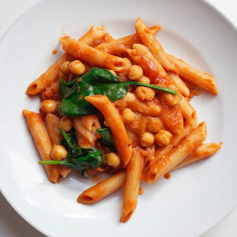 Spoonful of hearty Creamy Tuscan Chickpea Pasta showing creamy tomato sauce, ideal for weeknight dinners.