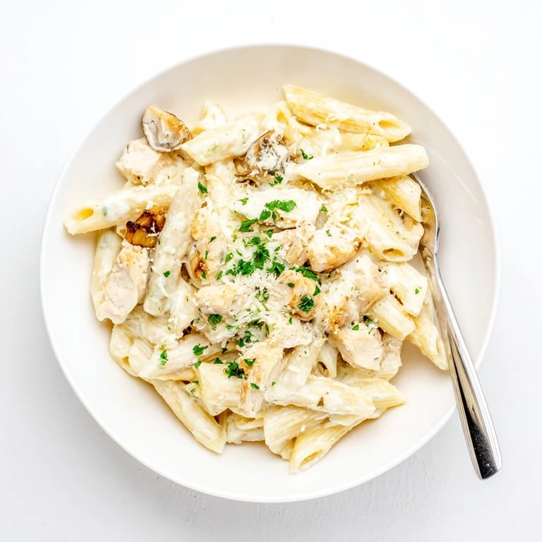A close-up of roasted garlic chicken penne showing juicy chicken pieces, silky cream sauce clinging to penne, and a sprinkle of red pepper flakes.