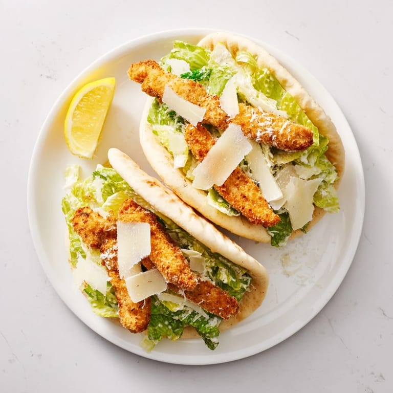Warm pita pockets stuffed with crunchy herbed chicken and Caesar salad for a satisfying weeknight dinner.