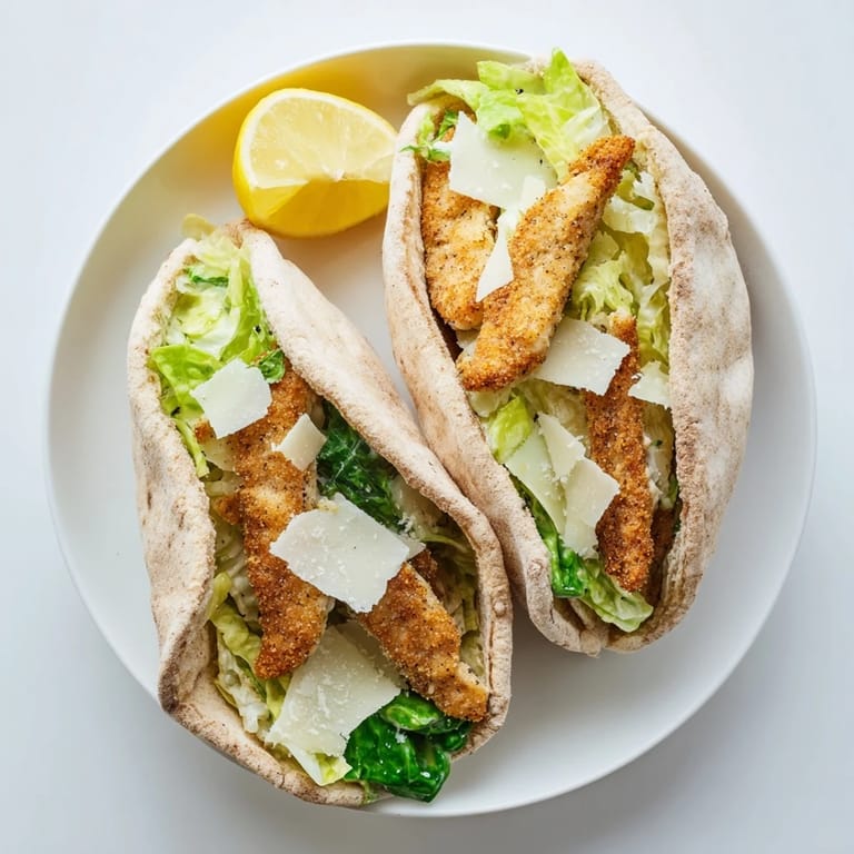 Crispy herbed chicken cutlets nestled in fluffy pita pockets with Caesar salad and lemon wedges.