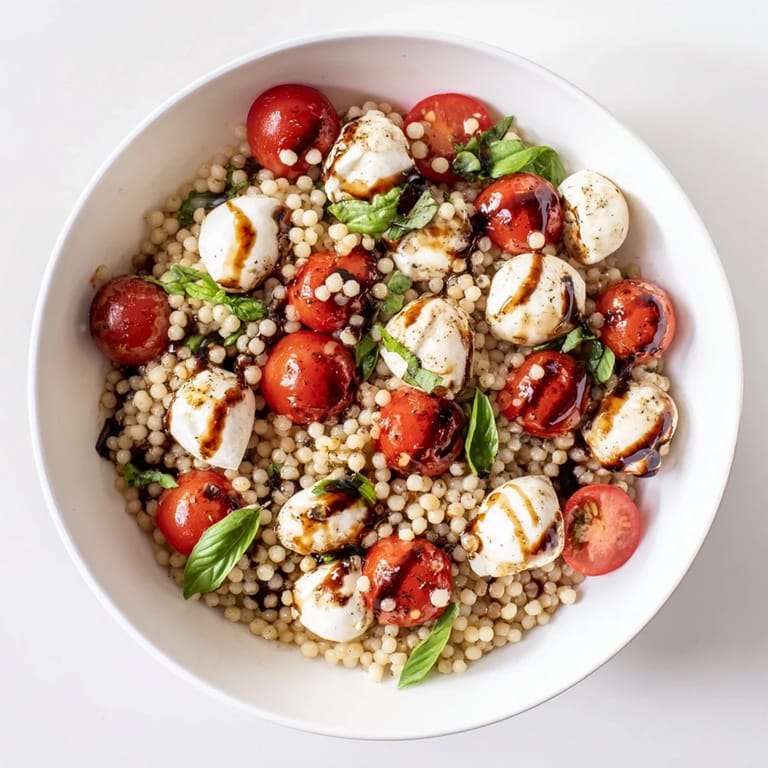 Caprese Couscous Salad served on a white platter, drizzled with glossy balsamic glaze, ready for a light vegetarian dinner.