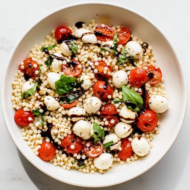 Bright Mediterranean flavors in Caprese Couscous Salad, featuring tender Israeli couscous, torn basil leaves, and a tangy balsamic finish.
