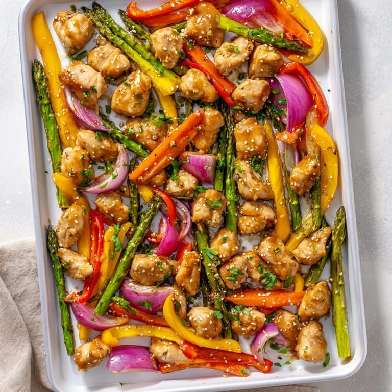 Tender bite-sized Sheet Pan Honey Garlic Chicken and crisp spring vegetables roasted together, garnished with fresh parsley and sesame seeds.