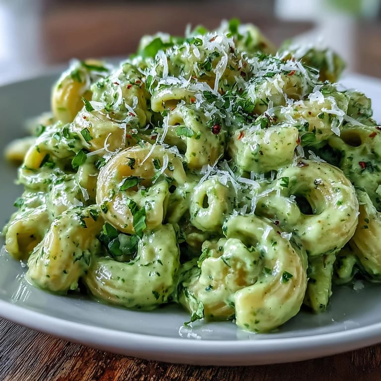 Served warm, this vibrant green pasta dish highlights tender macaroni coated in a luscious avocado pesto sauce.  