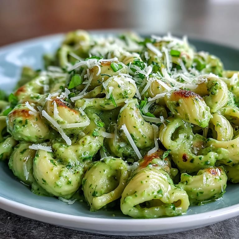 Perfect for a quick vegetarian dinner, this Creamy Avocado Pesto Mac recipe is garnished with extra Parmesan and basil.