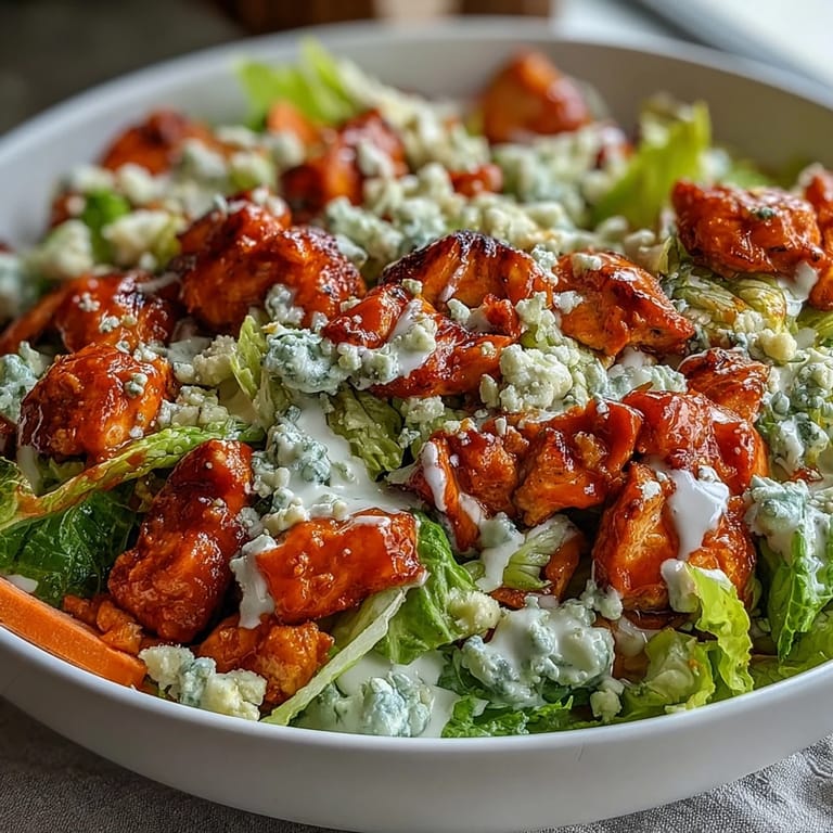 Spicy, juicy buffalo chicken tossed with crunchy veggies and blue cheese crumbles for an easy dinner.