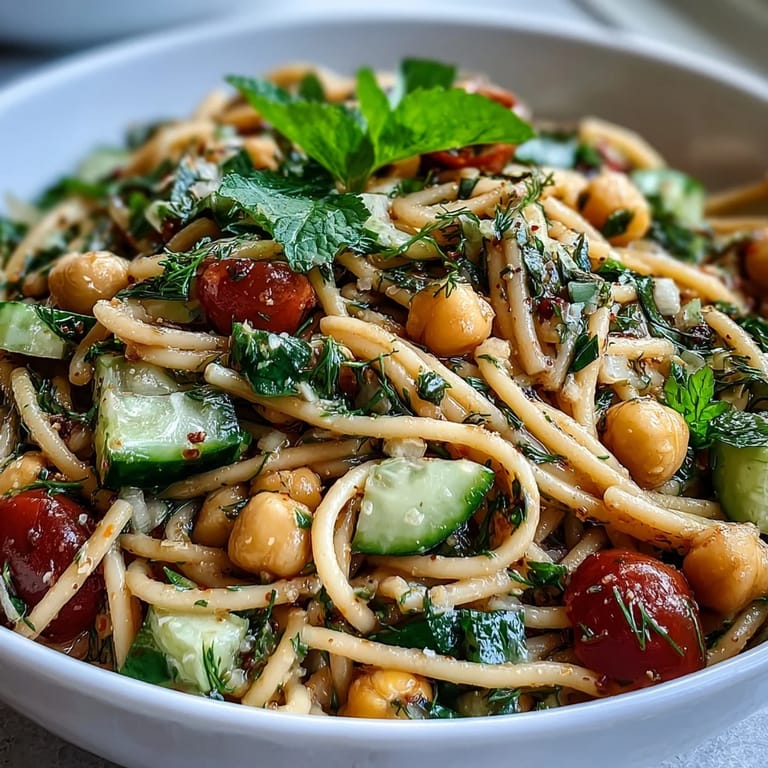 Serving suggestion for Lemon Herb Chickpea Pasta Salad with chickpea pasta, cherry tomatoes, and cucumber on a wooden table.